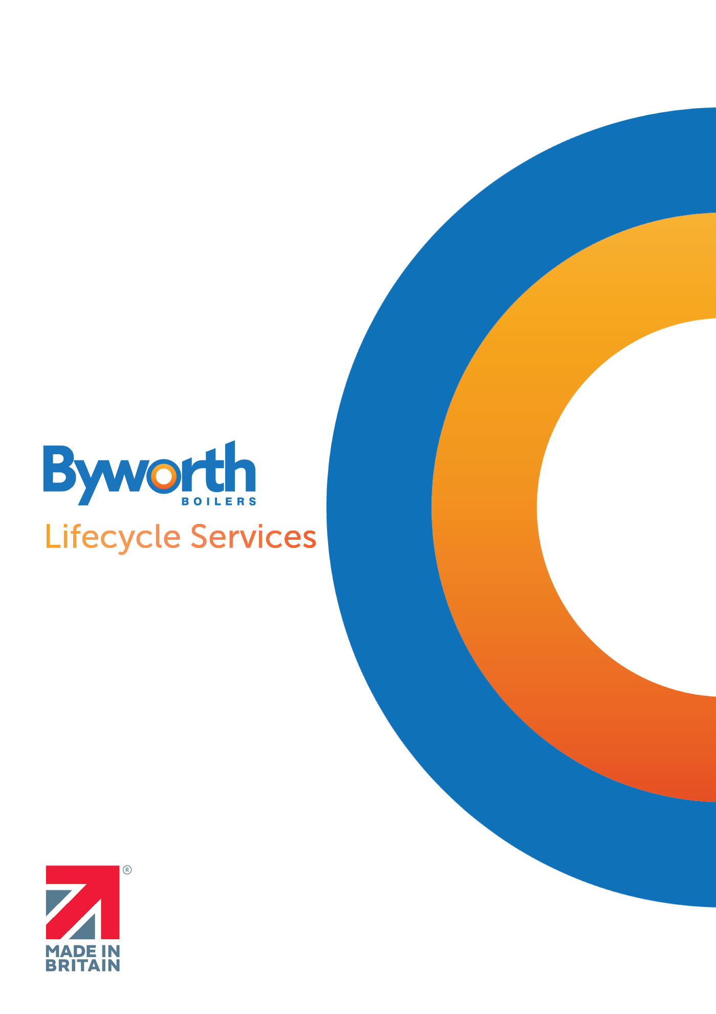 Brochure front cover for service and aftercare featuring a blue and orange circle, blue icons and the Byworth logo